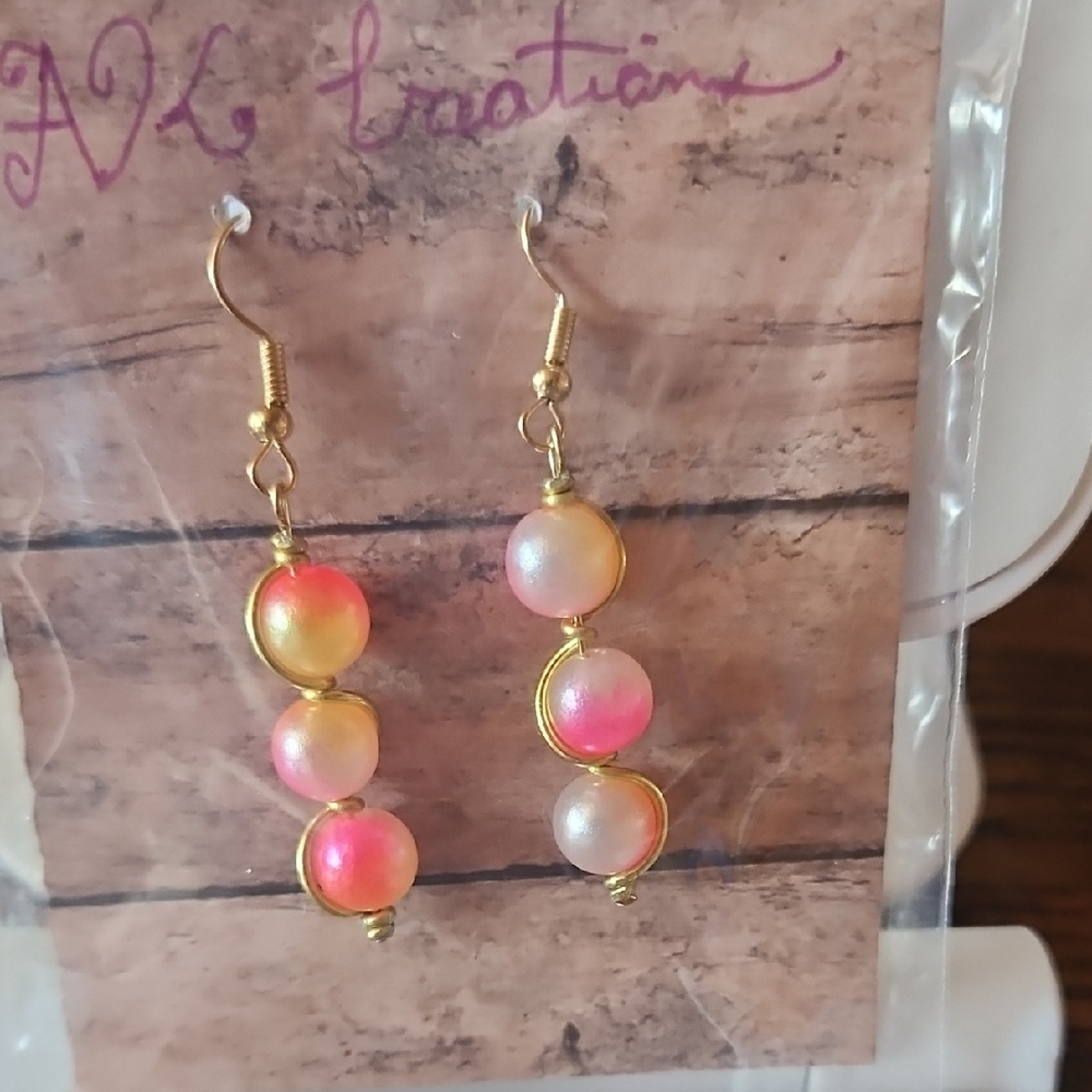 Handmade Gold and Pink Dangle Earrings